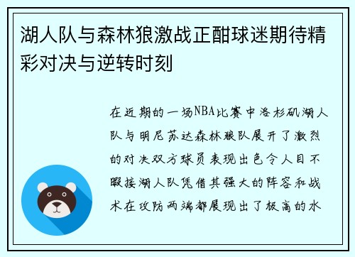 湖人队与森林狼激战正酣球迷期待精彩对决与逆转时刻