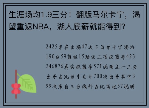 生涯场均1.9三分！翻版马尔卡宁，渴望重返NBA，湖人底薪就能得到？